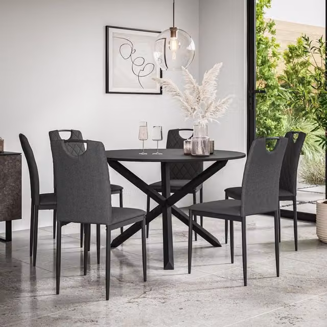 More4Homes Malvern Round Dining Table and 6 Monza Fabric Dining Chairs Set, Black Table Top with Solid Oak Legs and Charcoal Chairs, Diameter: 120 cm, Height: 75 cm – 1