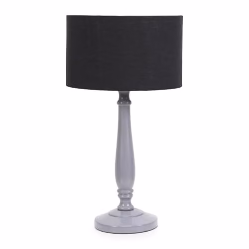 ValueLights Traditional Grey Wood Candlestick Table Lamp with Black Fabric Drum Shade and LED Bulb