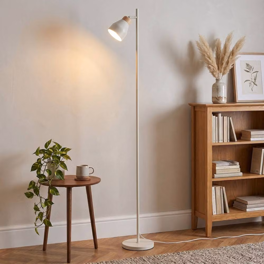 Happy Homewares Scandinavian Designed Adjustable Floor Lamp with Wooden Trim in Grey and Off-White – 2