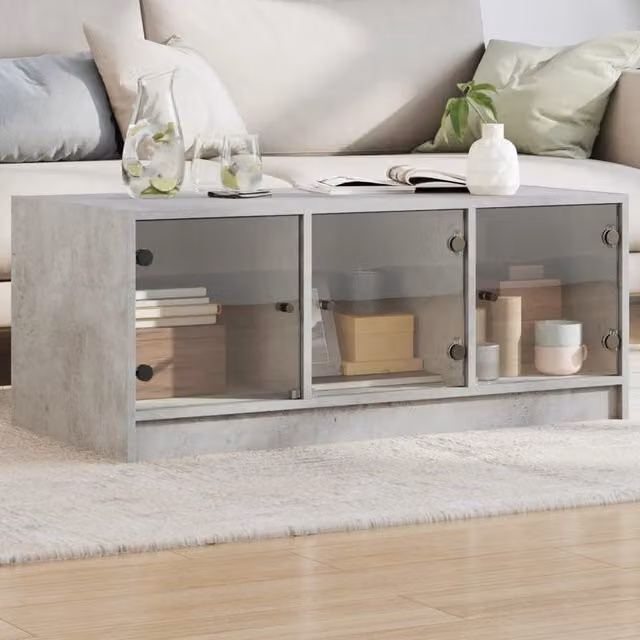 Berkfield Home Modern Coffee Table with Glass Doors in Concrete Grey, W: 102 cm, D: 50 cm, H: 42 cm