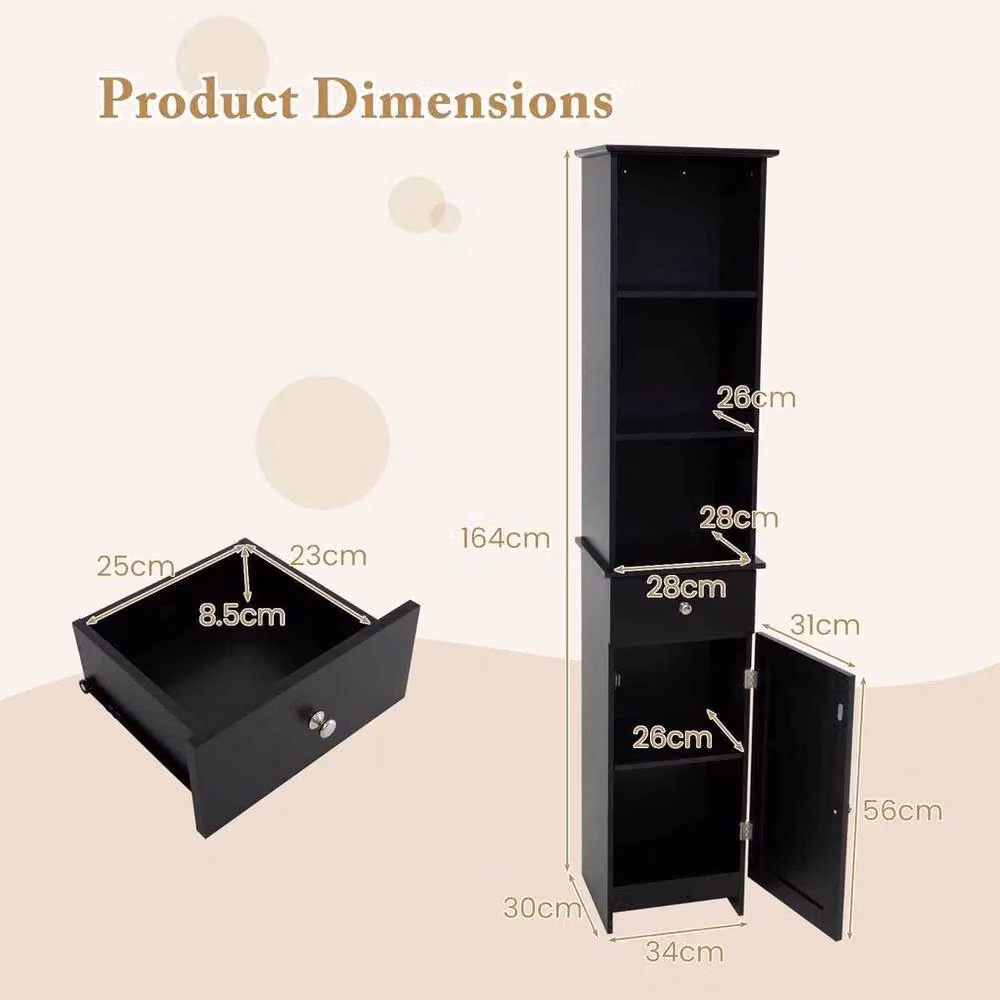 Kelvenix Modern Black Matt Freestanding Bathroom and Kitchen Storage Cabinet, Height: 164 cm – 2