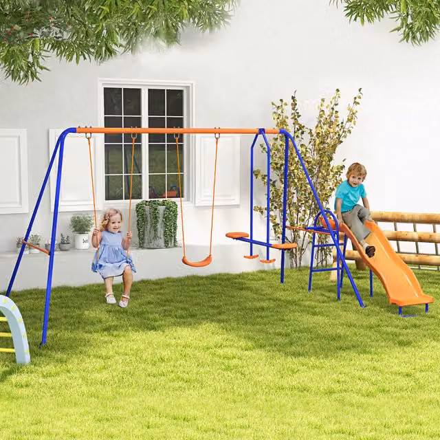 Outsunny 4-in-1 Metal Garden Swing Set with Slide and Ladder in Orange