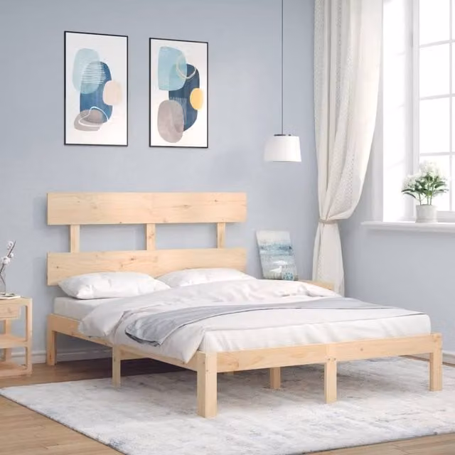 Berkfield Home Solid Wood Bed Frame with Headboard in Brown, W/D/H: 140 x 190 cm