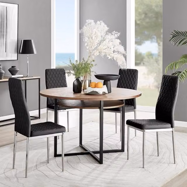 FurnitureboxUK Adley Brown Wood Round Dining Table and 4 Black Milan Chrome Leg Chairs