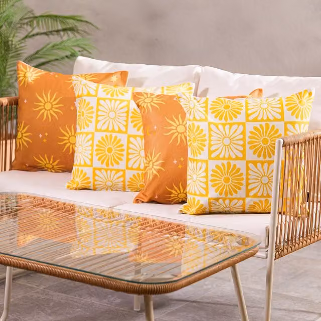 ICON 4-Pack Square Outdoor Cushions in Orange with Summer Sun and Floral Designs