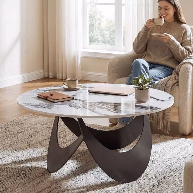 HOMCOM Modern Round Coffee Table with Sintered Stone Top in White and Black, W/D/H: 80 x 80 x 40 cm