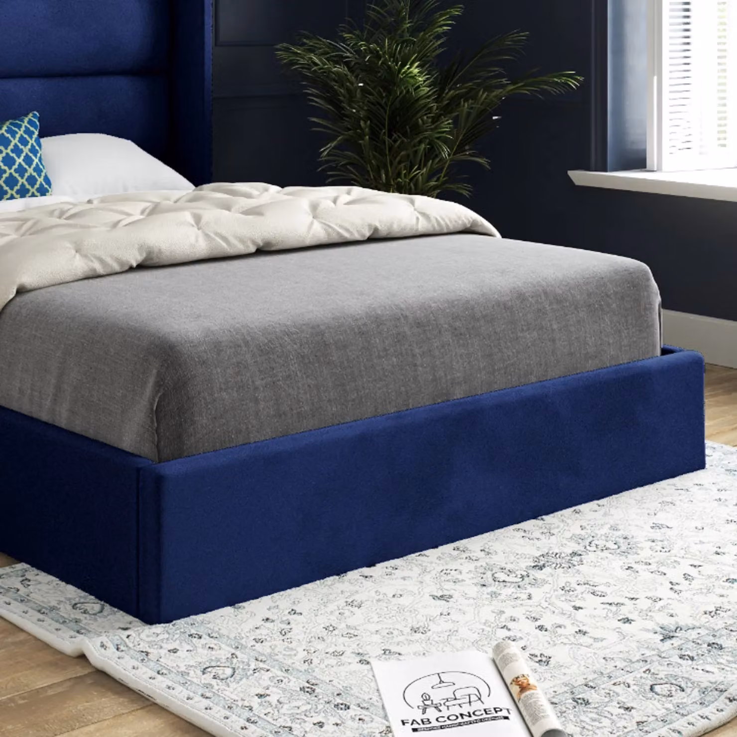 KDMD Nuno Straight Winged Upholstered Soft Velvet Blue Bed Frame, W/D/H: 137 x 128 x 200 cm – 3