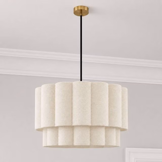 CGC Lighting Selina Scalloped Two Tier Drum Lampshade in Beige Fine Linen, Diameter: 48 cm