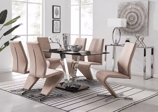 FurnitureboxUK Florini Black Glass and Chrome Metal Dining Table and 6 Modern Willow Chairs Set in Cappuccino