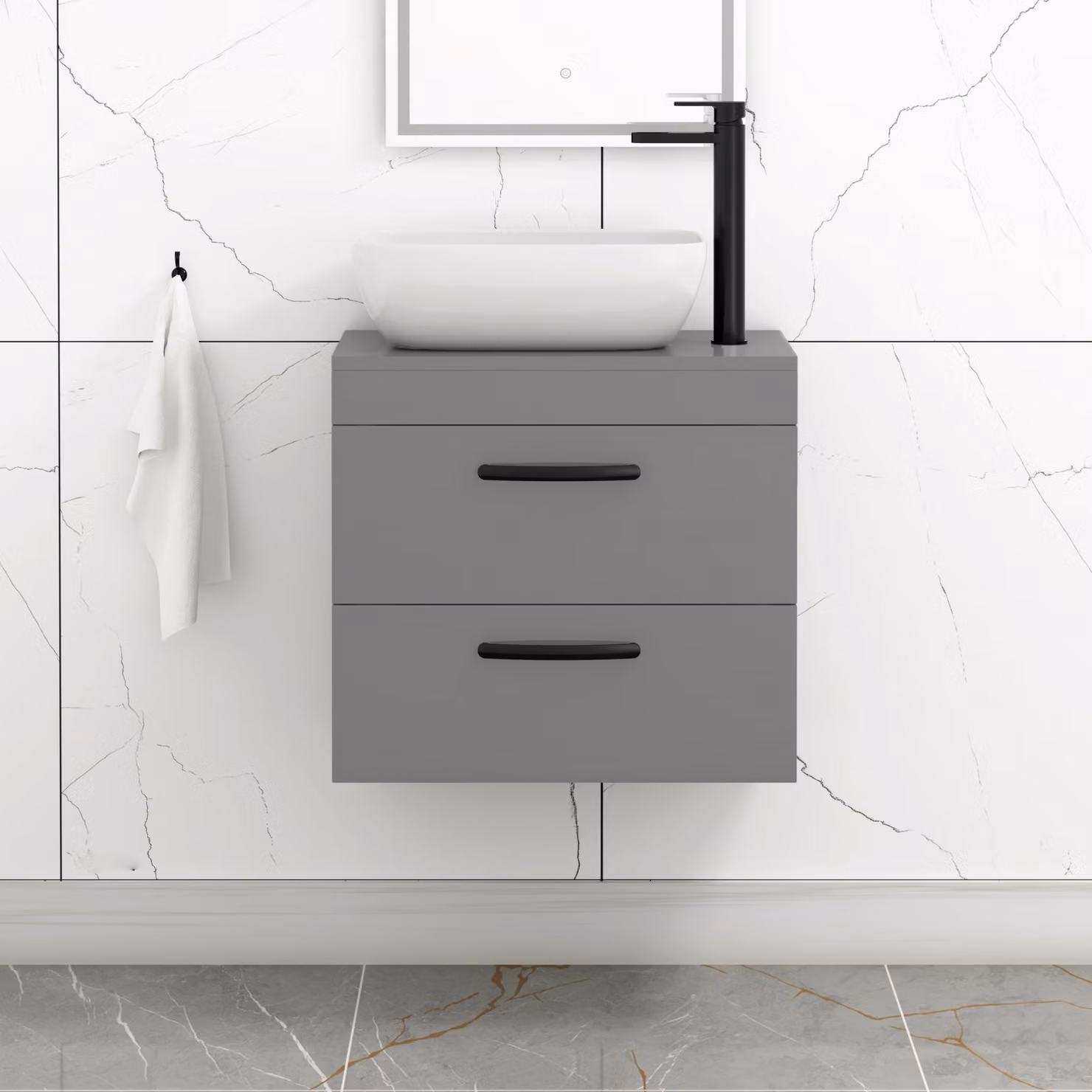 Royal Bathrooms 600mm Wall Hung Vanity Unit with 2 Drawers in Indigo Grey Gloss and Elva Countertop Basin with Matt Black Handle