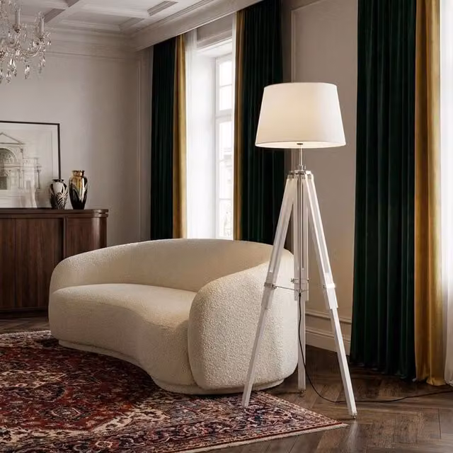 Orsina White Adjustable Tripod Floor Lamp with Wood and Chrome Accents, Height: 150 cm – 2