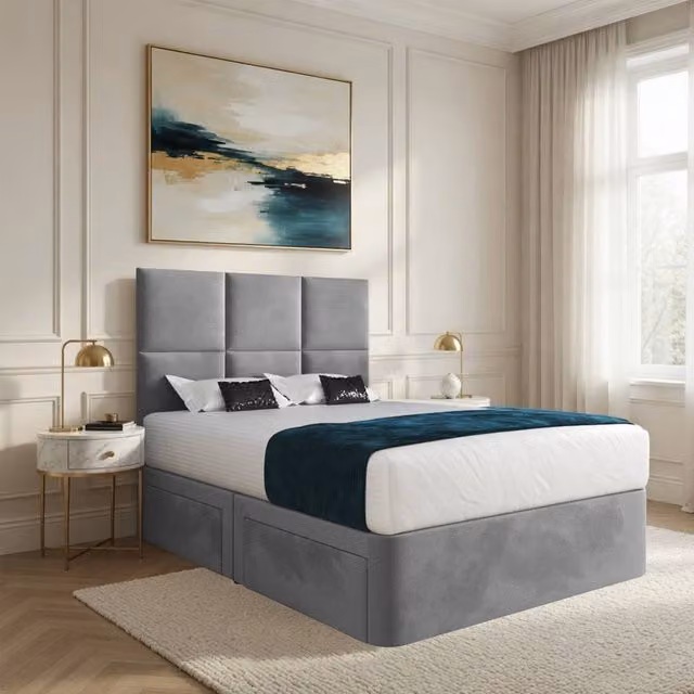 Casani Godalming Grey Upholstered Designer Divan Bed Frame with Floorstanding Headboard, W/D/H: 120 x 200 cm