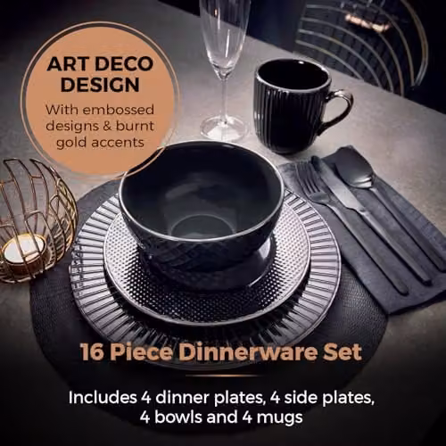 Tower Empire 16 Piece Geometric Stoneware Dinnerware Set in Black and Bronze – 3