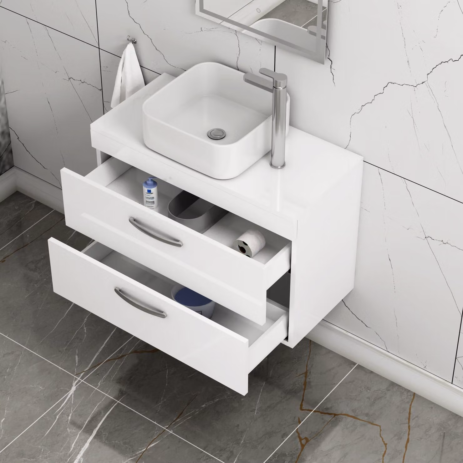 Royal Bathrooms 800mm Wall Hung Gloss White 2 Drawer Vanity Unit with Elena Countertop Basin