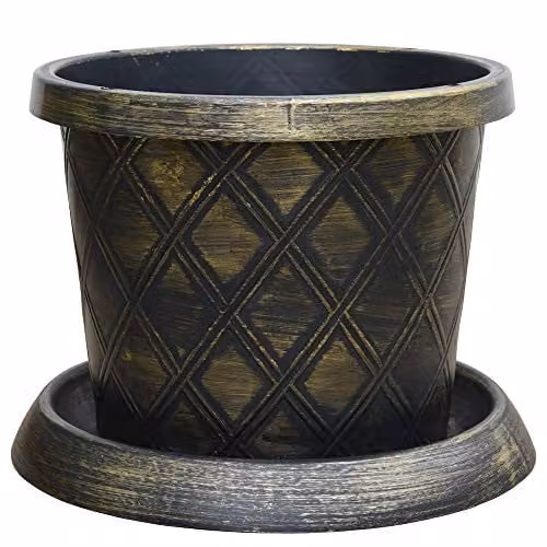 Thompson and Morgan Large Patio Pot and Saucer with Black and Gold Lattice Effect, Diameter: 39 cm, Height: 10 cm