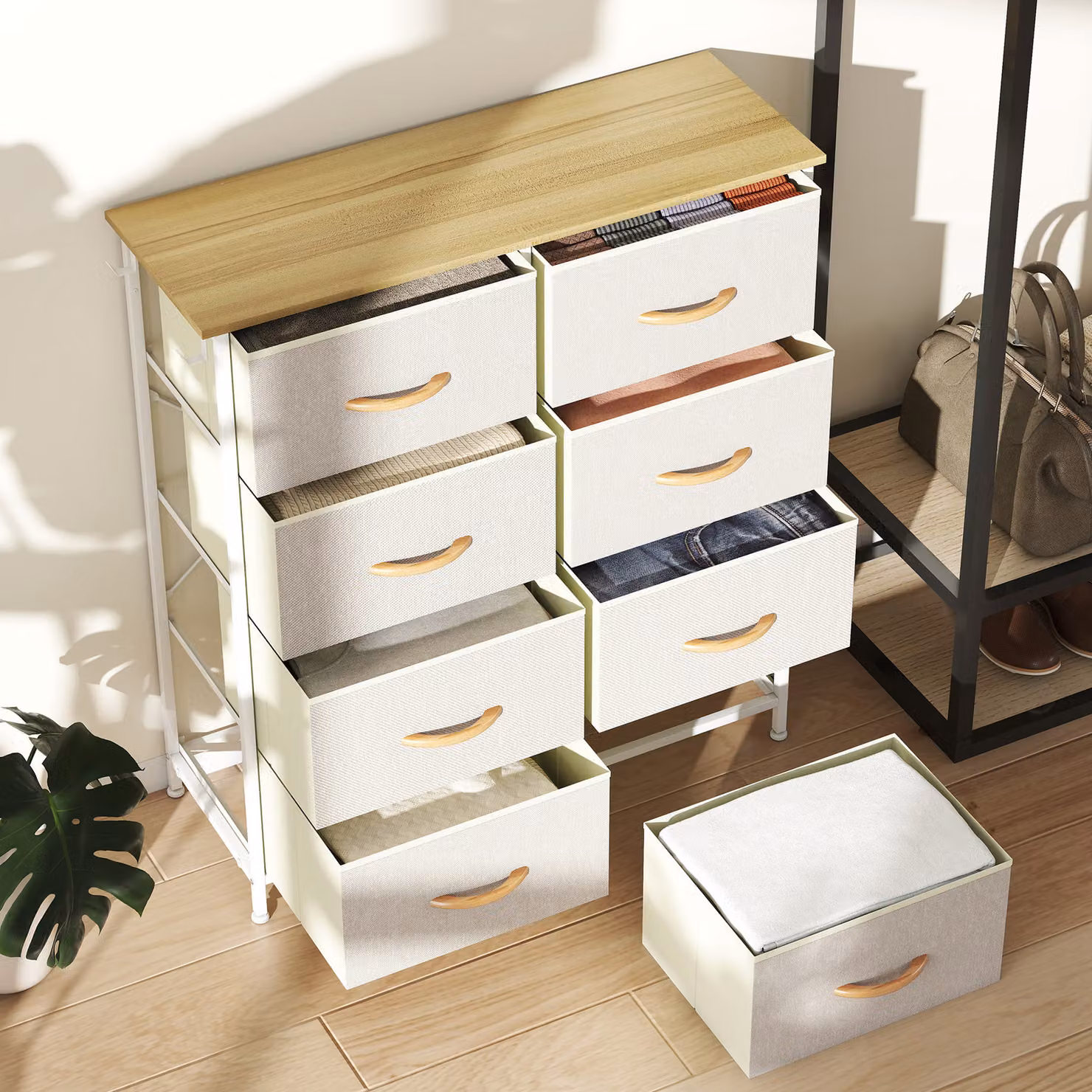 HOMCOM Modern Freestanding Chest of Eight Fabric Drawers in Beige – 2