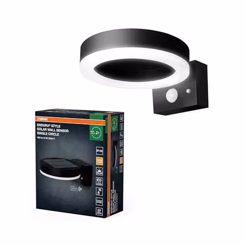 Osram Solar LED Wall Light in Black Stainless Steel with Motion and Dusk Sensors, 400lm Warm White – 3