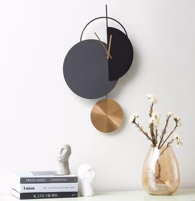 Wyld and Coco Minimalist Geometric Pendulum Wall Clock in Grey, Black and Gold, W/H: 60 x 32 cm