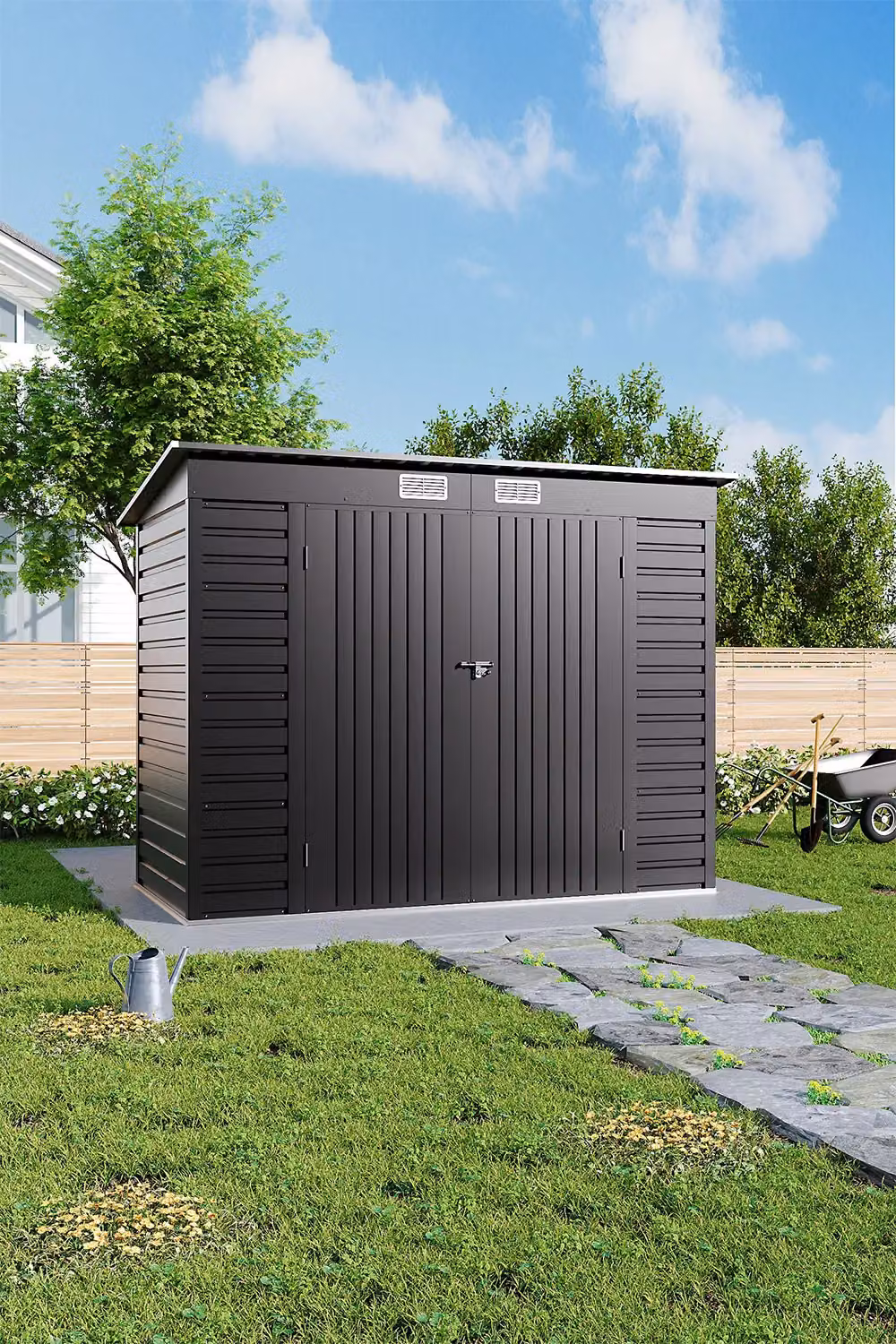 H&O Direct Modern Pent Galvanised Steel Outdoor Storage Shed with Double Doors and Side Vent, Black, W/D/H: 239.5 x 120.5 x 182.6 cm – 2