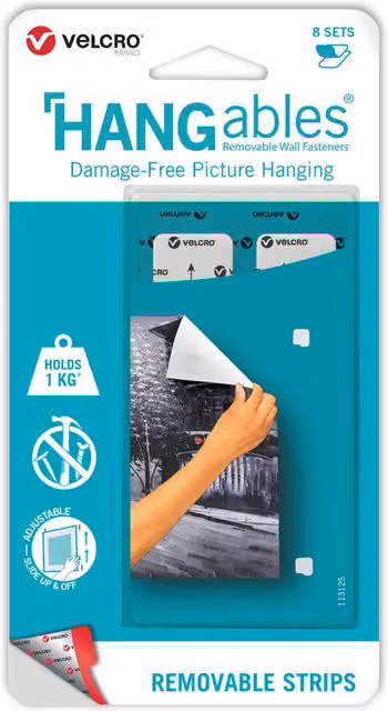 VELCRO Brand HANGables Removable Wall Fasteners, Damage Free Poster Hanging Strips, White and Multicolour, 8 Sets