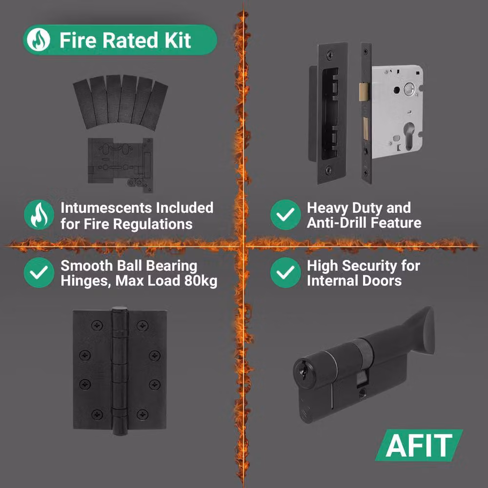 AFIT Matt Black Stainless Steel Fire Rated Return to Door Handles with Euro Thumb Turn and Hinges, 15 x 15 cm – 5