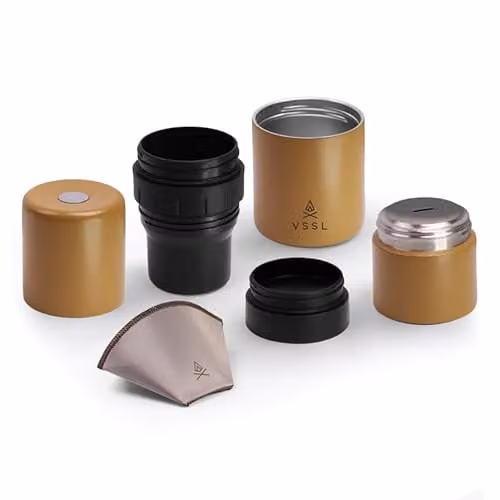 VSSL Nest Pour Over Coffee Kit with Two Stainless Steel Travel Mugs in Sand and Brown