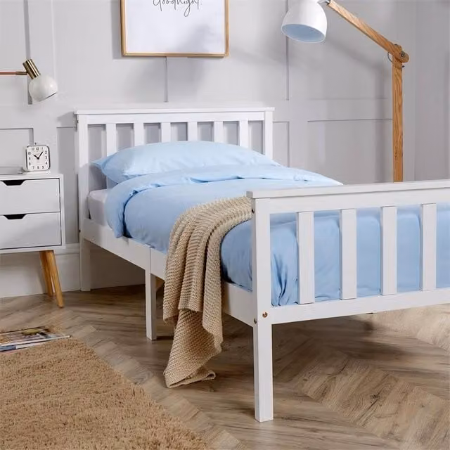 SPETLEK Single White Lacquered Solid Pine Wood Cot Bed Frame for Babies