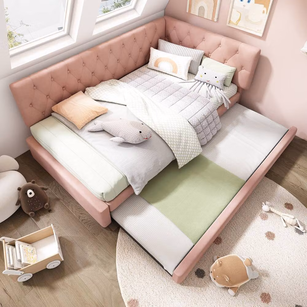 ModernLuxe Pink Velvet Upholstered Single Daybed with Pull Out Trundle Bed, W/D/H: 190 x 90 x 105 cm – 4