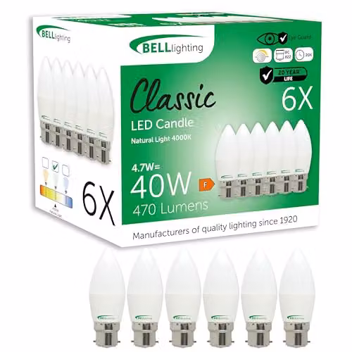 BELL Lighting B22 Dimmable LED Candle Bulbs, White, 6 Pack