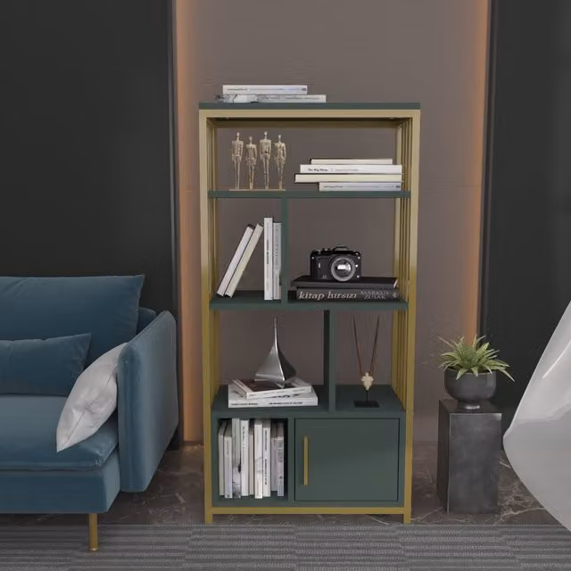 Decorotika Valero 4-Tier Bookcase with Cabinet in Gold and Silva Green