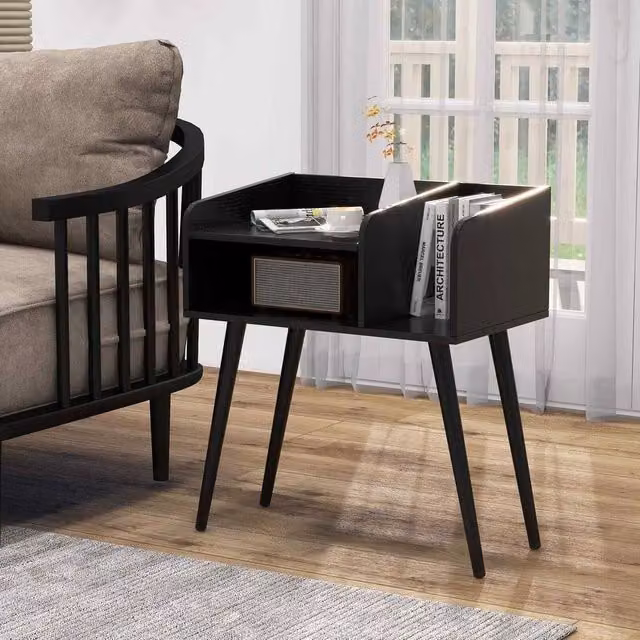 Havendro 2-Tier Modern Black Bedside Table with Metal Legs – 1
