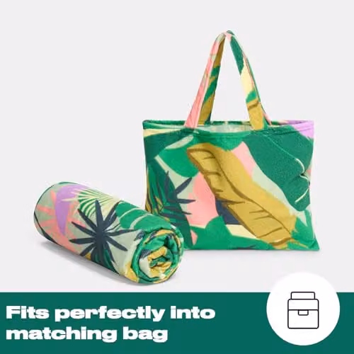 OHS Green Palm Print Microfibre Beach Towel with Bag, Quick-Drying and Absorbent, W: 75 cm, L: 215 cm – 4