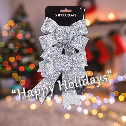 VFM e-Store Silver Tinsel Bows Christmas Decorations, Pack of 2, W/D/H: 13 x 17 x 4.5 cm – 5