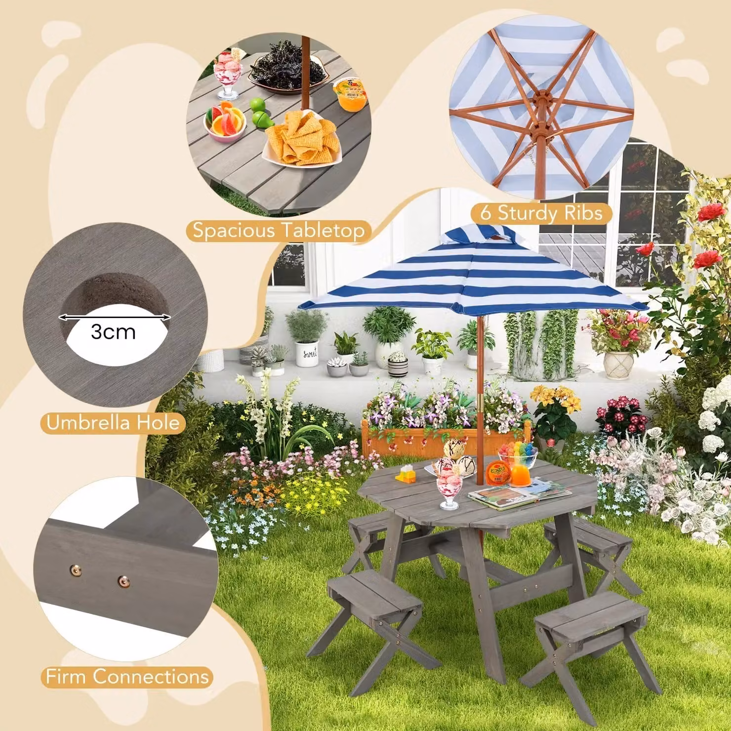 Costway Wooden Octagon Kids Picnic Table Set with 4 Chairs and Umbrella in Grey – 4