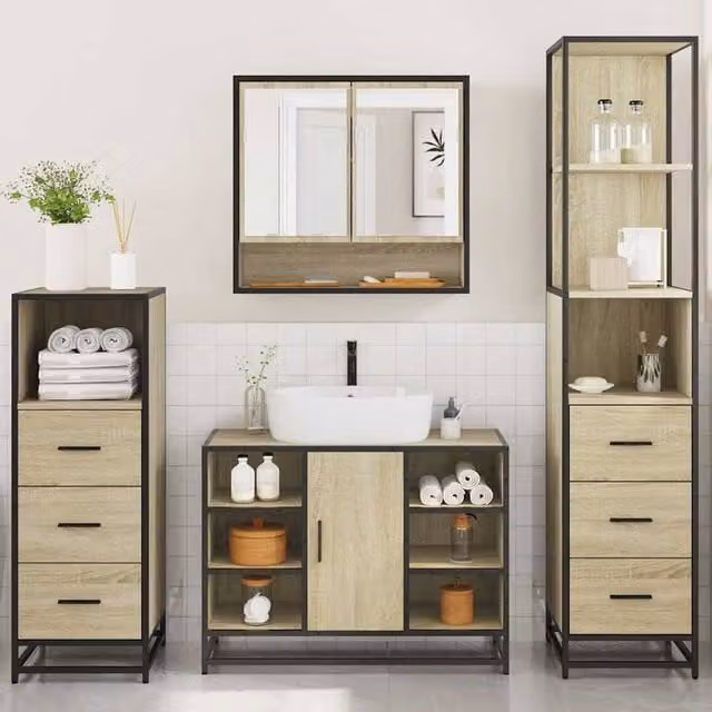 Berkfield Home 4-Piece Industrial Bathroom Furniture Set in Sonoma Oak – 1