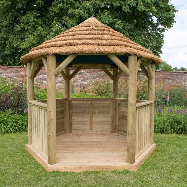 Forest Rustic Thatched Hexagonal Garden Gazebo in Green and Brown, W/D/H: 300 x 300 x 300 cm