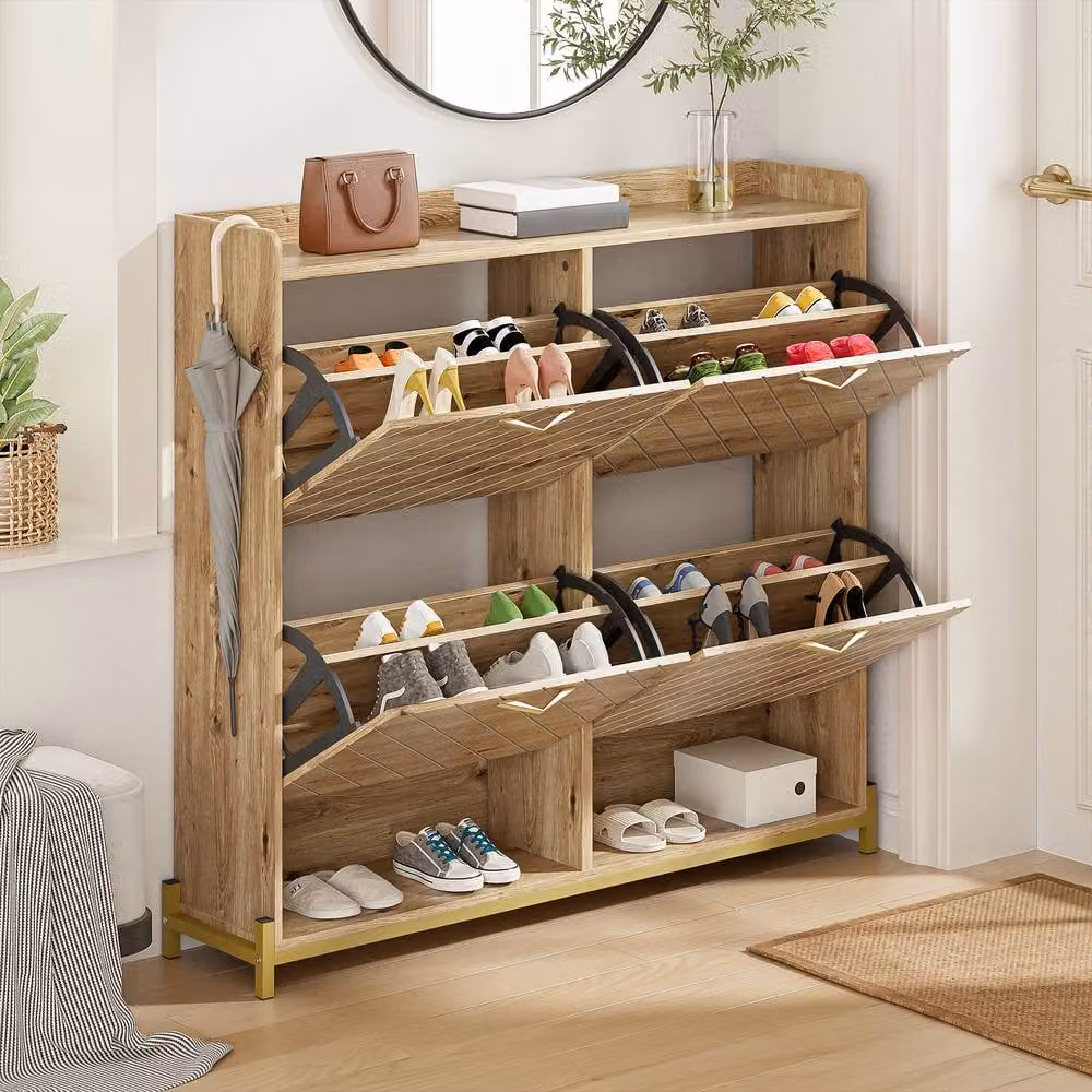 Merax Modern Wooden Shoe Cabinet in Brown with 4 Tilt-Out Doors, W: 108.5 cm, D: 24 cm, H: 100 cm – 1