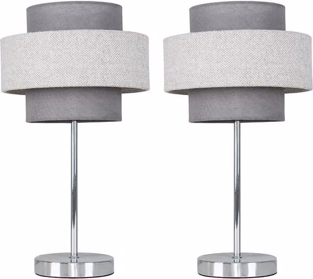 ValueLights Weaver Touch Table Lamps, Set of 2, Grey and Silver Metal with Fabric Shades