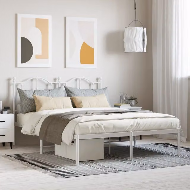 Berkfield Home Metal Bed Frame with Headboard in White, W/D/H: 140 x 190 cm