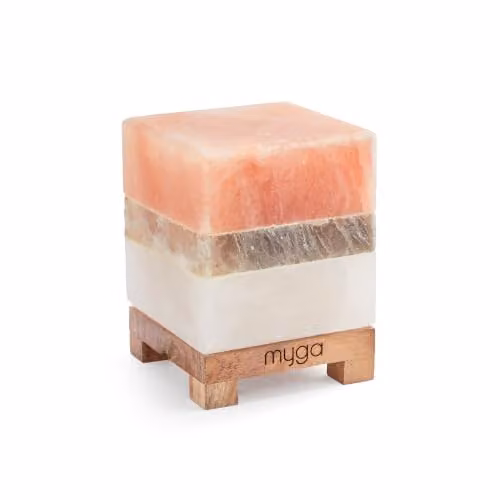 Myga Cube Himalayan Salt Lamp in Orange with Wooden Base