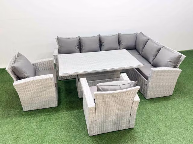 Fimous 8 Seat Rattan Garden Furniture Corner Sofa Set with 2 Chairs in Light Grey