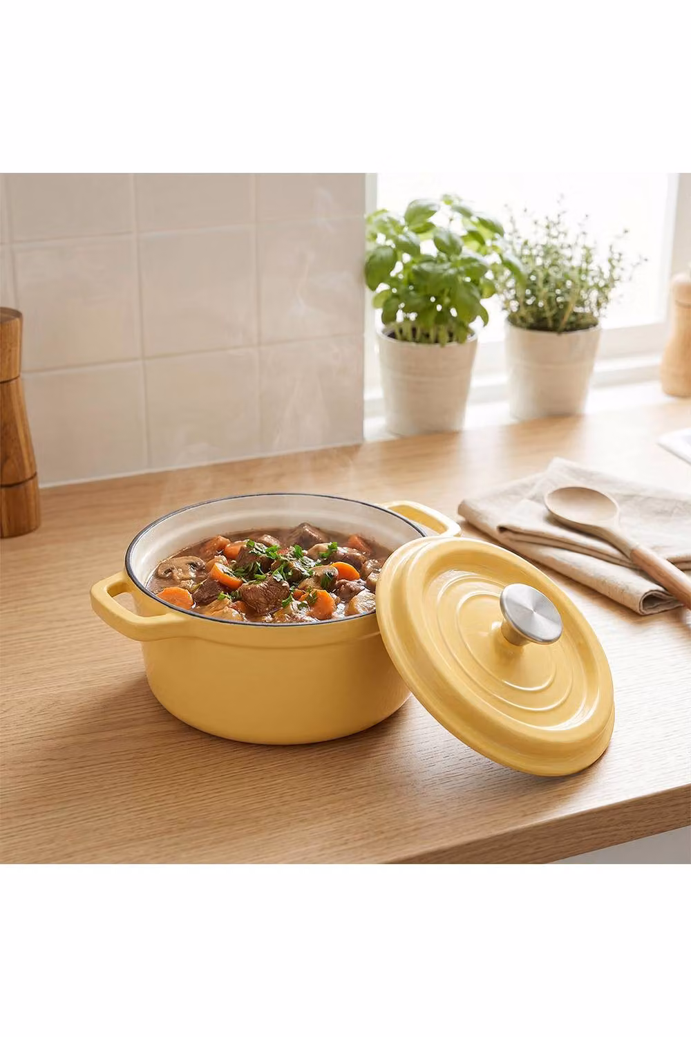 Living and Home Enamelled Cast Iron Dutch Oven Casserole Pot with Glass Lid, Yellow – 2