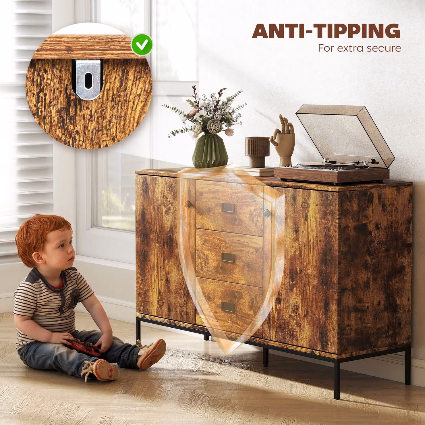 HOMCOM Modern Rustic Brown Sideboard with Black Metal Accents – 6