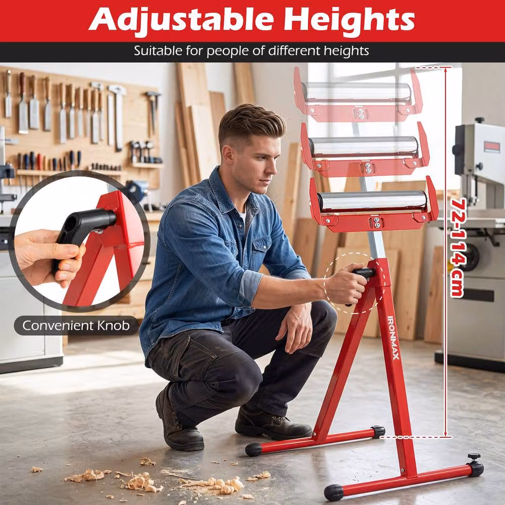 Gymax 2-Piece Set of Red Metal Folding Roller Stands with Adjustable Height for Table Saws – 3
