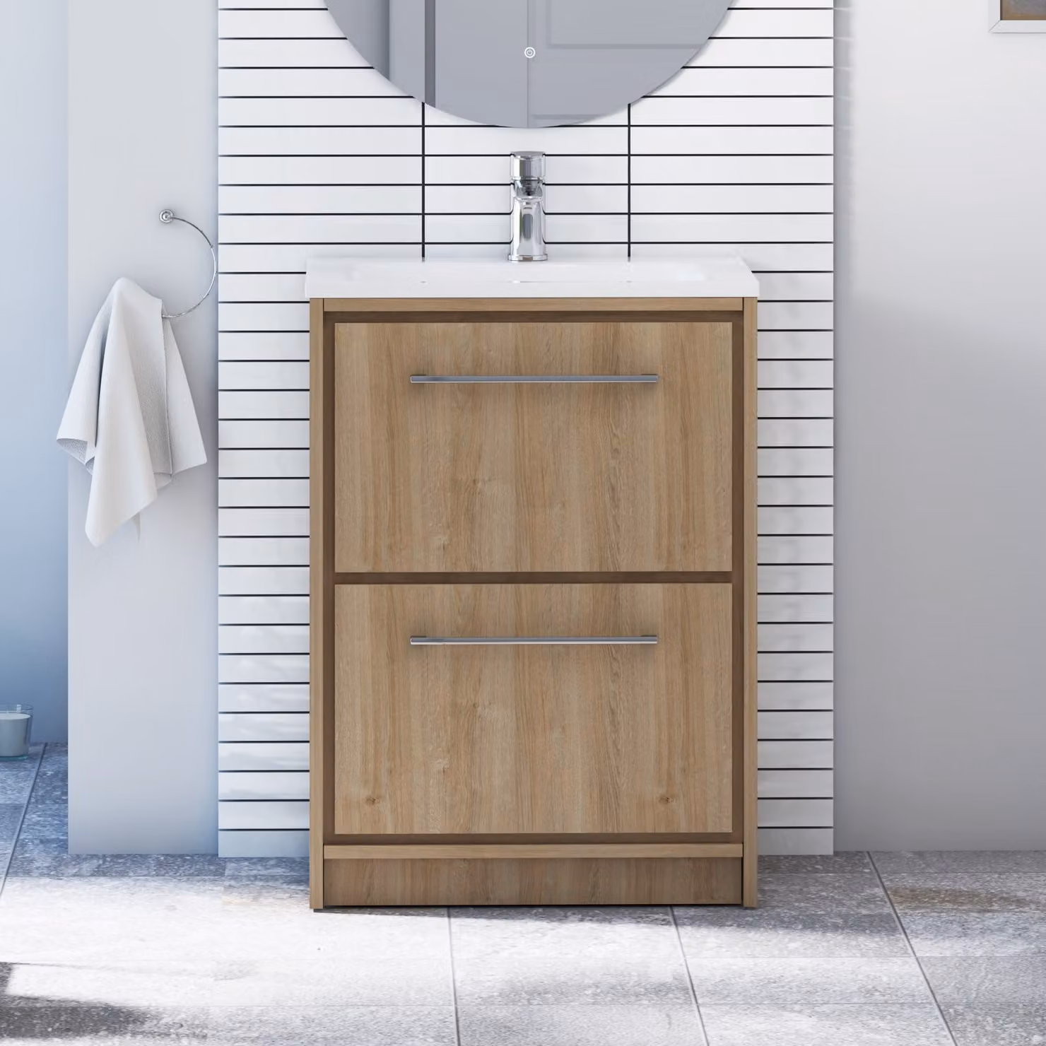 Livora Natural Oak Floor Standing 2 Drawer Bathroom Vanity Unit with Soft Close Doors