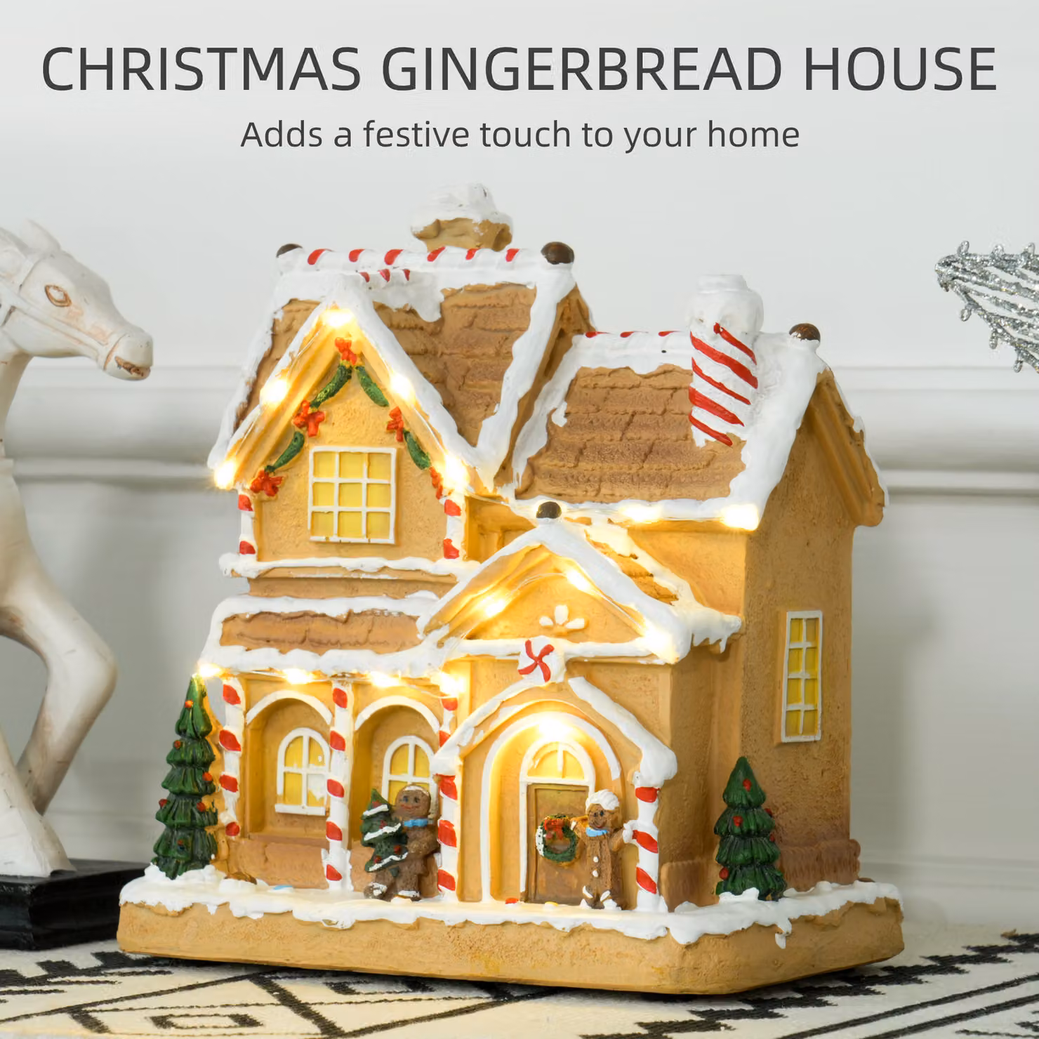 HOMCOM Gingerbread House Christmas Decoration with Light and Music in White and Brown – 3