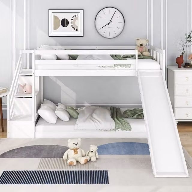 Matteo Double Bunk Bed with Stairs, Slide and 2 Drawers, Solid Pine Wood Frame, White