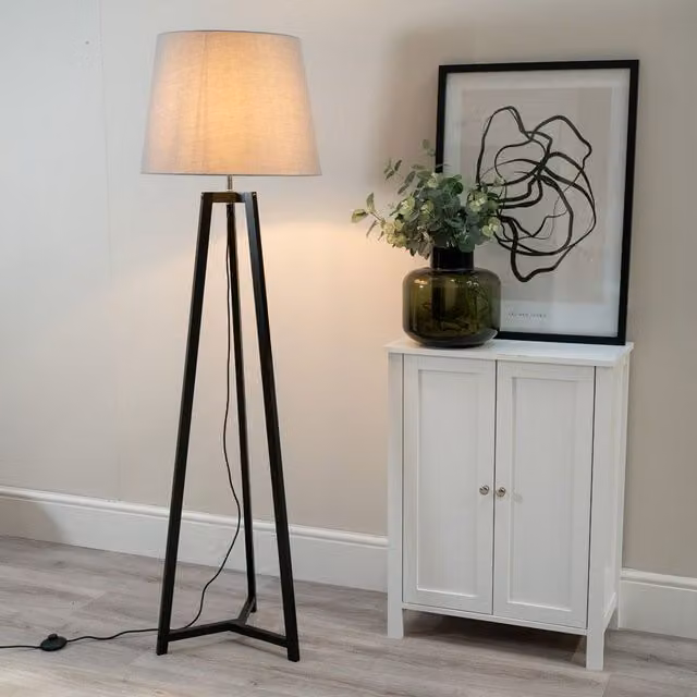 ValueLights Lottie Black Wood Tripod Floor Lamp with Grey Fabric Cone Shade, H 158 x W 45 x D 45 cm