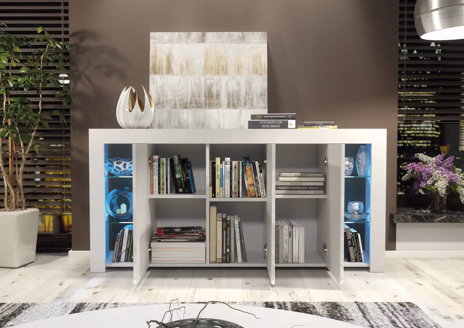 Creative Furniture Eden Sideboard in Grey and White with Glossy Doors and Integrated LED Lighting, W: 164 cm, H: 83 cm, D: 35 cm – 3