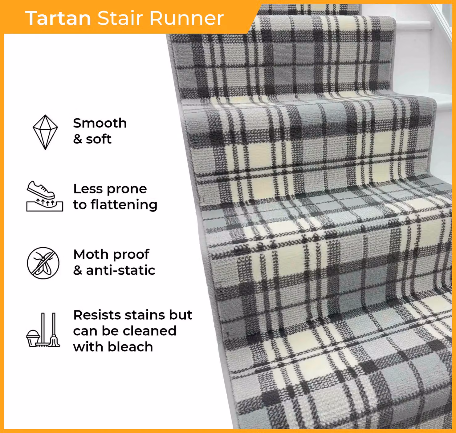 runrug Tartan Stair Runner Carpet in Black, W: 60 cm, L: 630 cm – 3